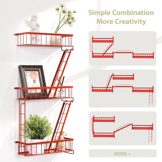 SweetSage Fire Escape Wall Shelf Red - New York Wall Art Decorative Figure Display Floating Shelves Metal Racks for Living Room, Home Office Storage (3-Tier) - Image 5