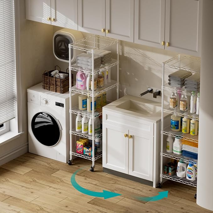 SINGAYE 6 Small Shelf Storage Wire Shelves Closet Bathroom Organizers Metal Pantry Kitchen Garage Shelving Unit Laundry Room Organization Home Narrow Rack Net Basket with Wheels White - Image 4