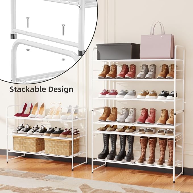SUFAUY 3 Tier 33" Wide White Metal Shoe Rack for Closet, Stackable - Image 4