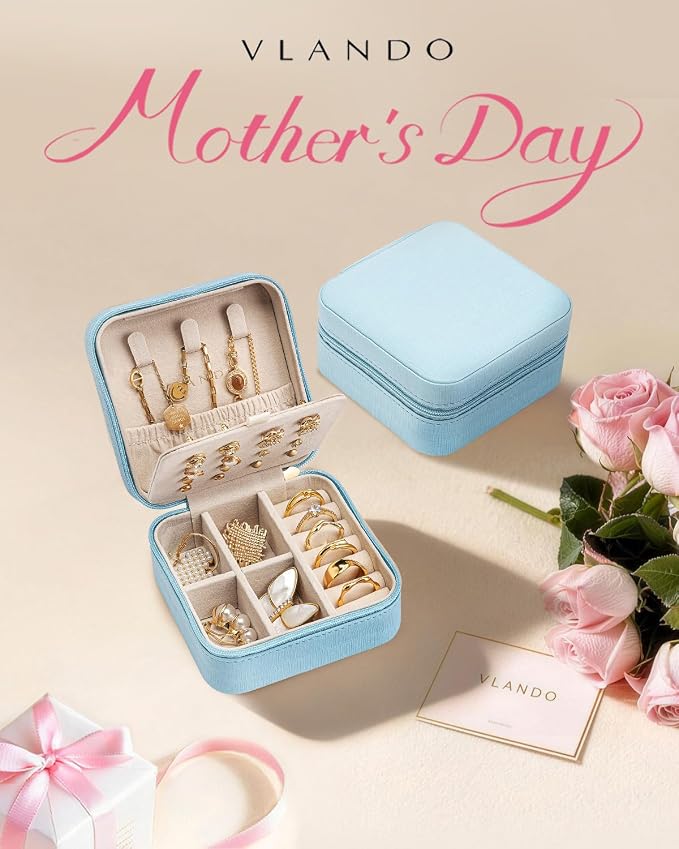 VLANDO Mothers Day Mom Gifts - Travel Jewelry Case, Small Travel Jewelry Organizer Box for Girls Women - Blue - Image 2