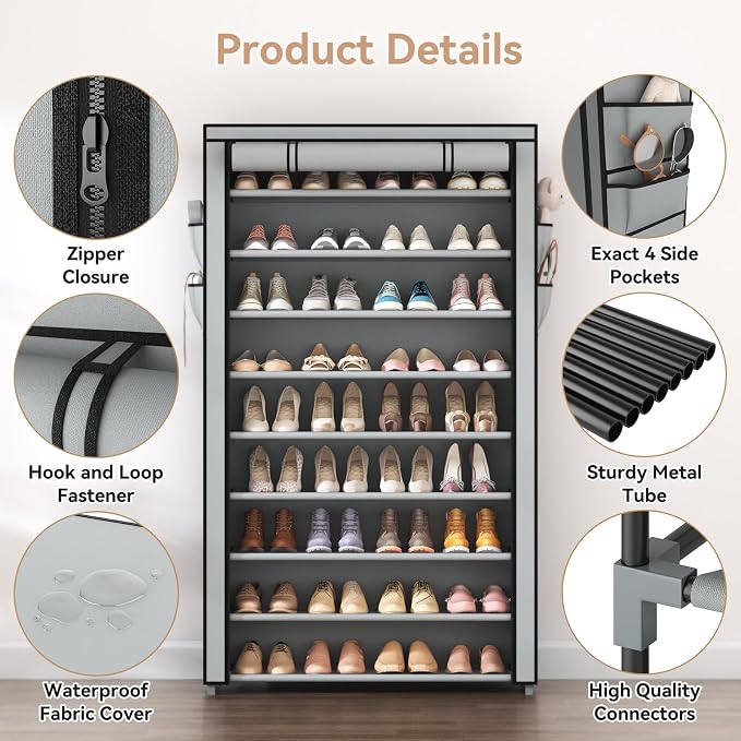 LANTEFUL Shoe Rack with Covers 10 Tier Tall Shoe Rack Organizer Large Capacity Shoe Shelf Storage 40 Pairs Space Saving Free Standing Shoe Storage Organizer for Closet, Entryway, Dorm, Grey - Image 4