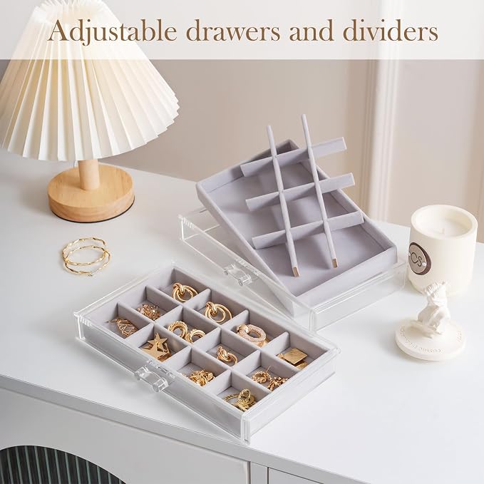 Lolalet Earring Holder Organizer Box Jewelry Storage with 9 Drawers, Clear Acrylic Stackable Earring Case with Adjustable Velvet Trays for Women on Dresser Vanity -Grey, 9 Layers - Image 2