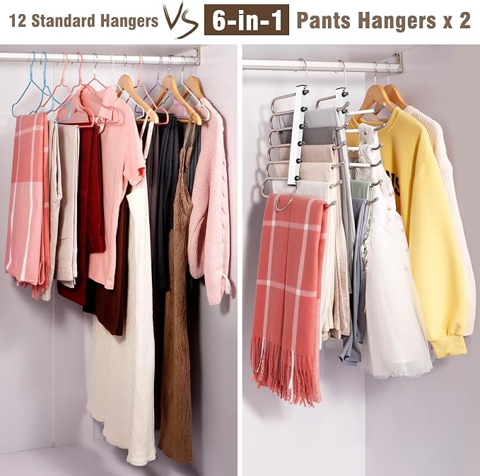 HUITEM Space Saving 6 Tier Pant Hangers, Anti-Slip, Lightweight, Stainless Steel, 2 Pack, White - Image 6