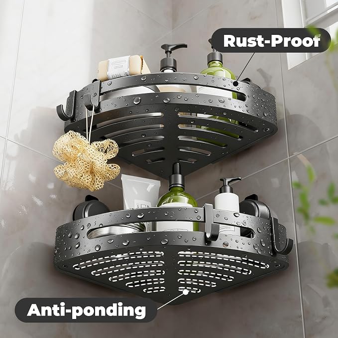 ONXE Shower Caddy Corner,Suction Cup Shower Caddy with Hooks,No Drilling Rustproof Aluminum Bathroom Organizers and Storage,Shelves for Bathroom Accessories Decor (1) - Image 5