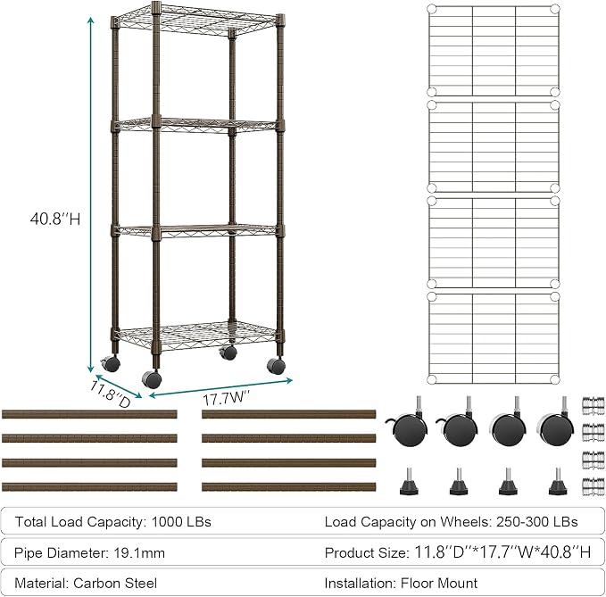 M MZG 1000 lbs 4-Shelf Adjustable Heavy Duty Steel Wire Rack, Adjustable Storage Shelving Unit with Wheel for Kitchen, Garage, Laundry Brown 11.8" D x 17.7" W x 40.8" H - Image 3