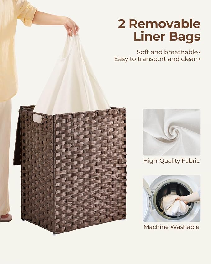 Greenstell Laundry Hamper with lid, No Install Needed, 90L Wicker Laundry Baskets Foldable 2 Removable Liner Bags, 2 Section Clothes Hamper Handwoven Rattan Laundry Basket with Handles, Brown - Image 3