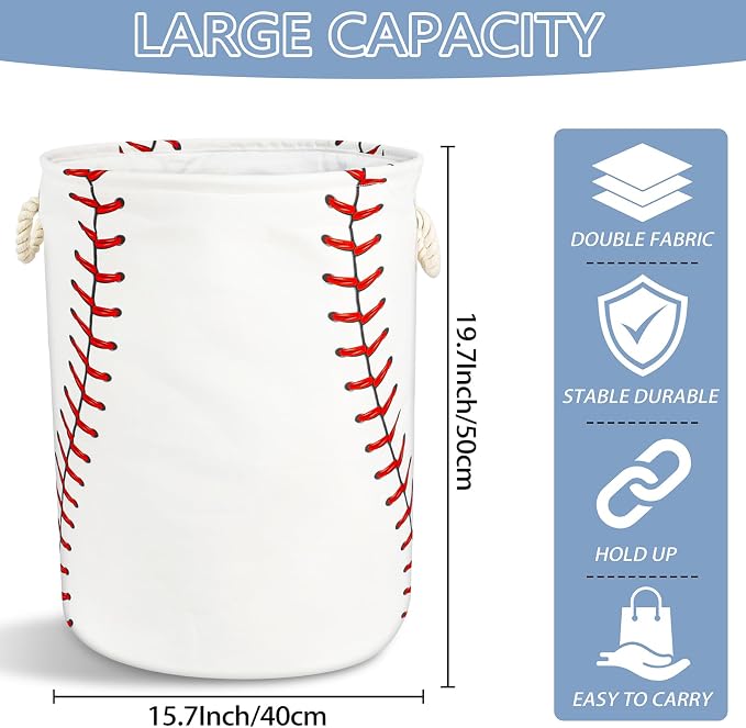 Baseball Texture Laundry Basket with Handles Collapsible Laundry Hamper Waterproof Toy Organizer Funny Dirty Clothes Hamper for College Dorm Bathroom Bedroom - Image 3