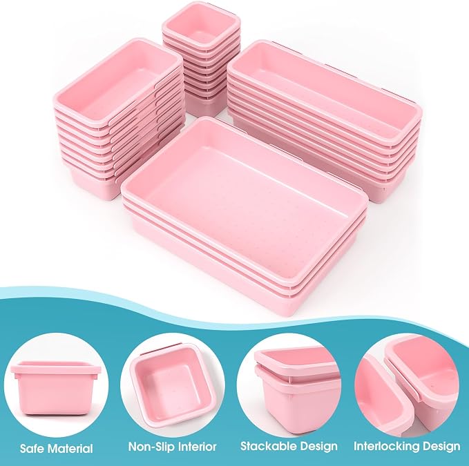 25 PCS Drawer Organizer Set, 4 Size Makeup Drawer Divider Organizer With Non-Slip Pads, Interlocking Plastic Storage Bins for Office,Jewelry Vanity,Gadgets, Bathroom,Kitchen, Pink - Image 3