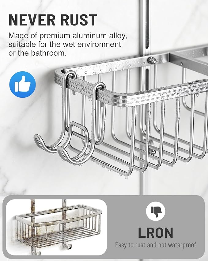 Adjustable Shower Caddy Hanging for Handheld Showerheads - Upgraded Never Rust Shower Hanging Organizer, Bathroom Shower Rack with Soap Basket, Hooks and Toothbrush Holder (Shiny Silver) - Image 5
