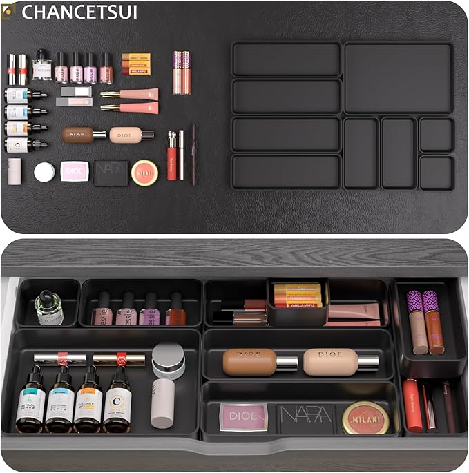 9 Pcs Stackable Drawer Organizer Trays Set, Multifunctional Stackable Storage Trays for Vanity, Bathroom, Kitchen, Desk Drawer Organizer Office. Plastic Drawer Organizers Available In 5 Colours, Black - Image 3