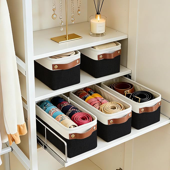 Bagnizer Small Fabric Storage Baskets, 15x6x5 inch Narrow Storage Bins 4-Pack Long Storage Basket for Organizing with Handles, Decorative Basket for Closets, Shelves, Toilet Paper, Black - Image 2