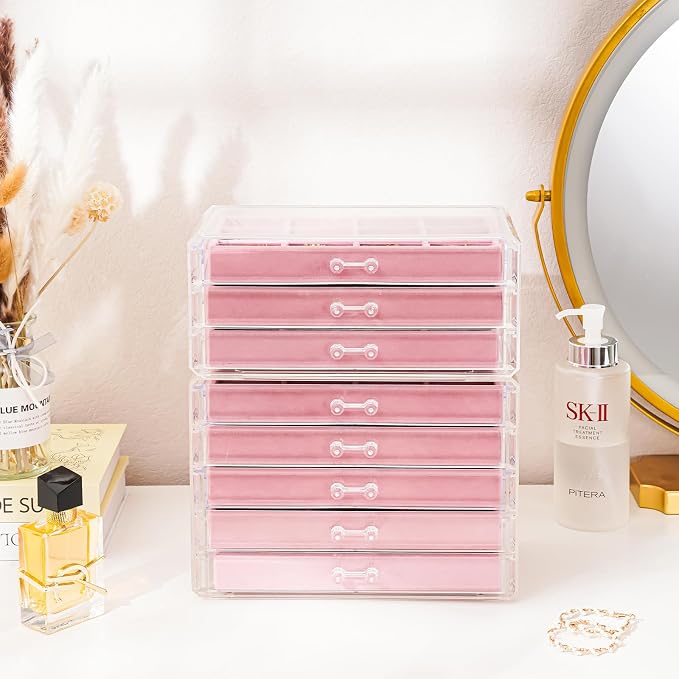 ProCase Earring Holder Organizer Jewelry Box with 8 Drawers, Acrylic Clear Earring Case with Adjustable Velvet Trays for Women - Pink, 8 Layers - Image 6