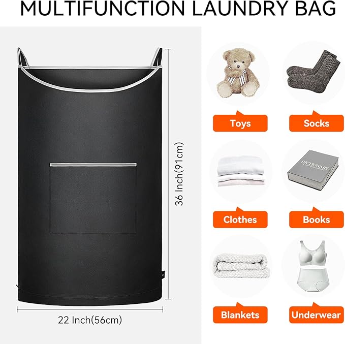 XL Hanging Laundry Hamper, Over the Door Laundry Hamper and Baskets, Wide Opening Hanging Laundry Bag,Hanging Hamper for Bathroom,Dorm,Laundry Room,Chirstmas Gifts(Black 36x22Inch). - Image 3