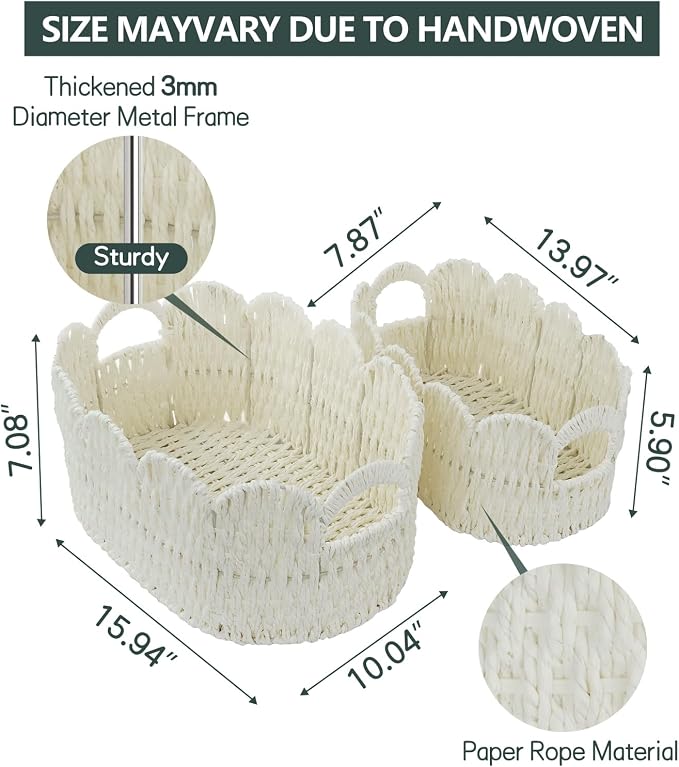 Coeusy Paper Rope Scalloped Basket Set of 2,Hand-woven Storage Baskets for Shelves,Nursery,Books,Toys,Cute Boho Decor Baskets for Organizing,White - Image 6