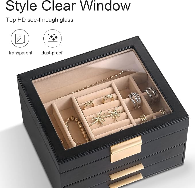 Somduy Jewelry Box Organizer for Women,3 Layers Jewelry Storage Display Box with Glass Lid,Gift for Christmas,3 Drawers,Large Capacity for Necklace Earrings Bracelets Rings,Black - Image 5