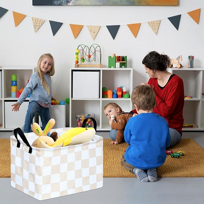 MAIZMZ Beige Check Storage Basket Baby Toys Organizer Bins Decorative Gifts Bakset Waterproof Nursery Hamper Women Storage Cube Kids Laundry Basket for Home/Dorm/Kitchen/Pet/Office/Closet/Shelf/ - Image 3