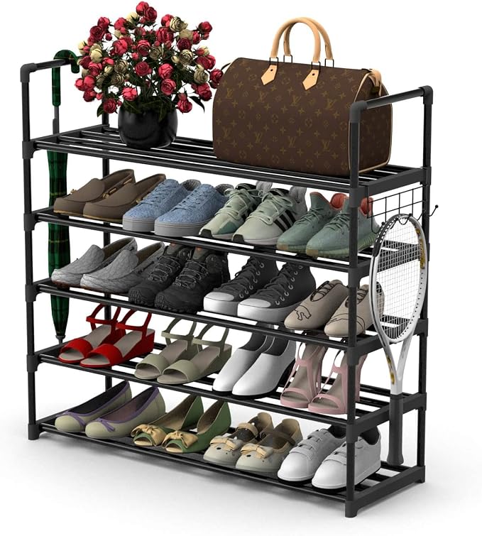 Hsscblet 5 Tiers Metal Shoe Rack,Adjustable Shoe Shelf Storage Organizer with Hooks,Stackable Boot & Shoe Storage,for Entryway,Hallway,Closet,Black by Hsscblet