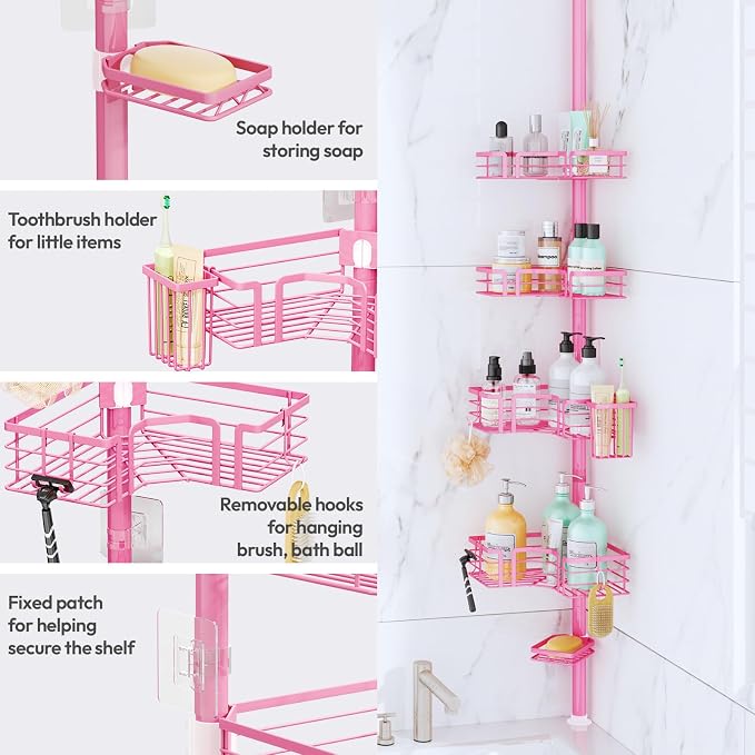 SWTYMIKI Shower Caddy Tension Pole - 4-Tier Corner Shower Organizer Tension Rod with Soap Holder, Toothbrush Holder & 4 Hooks, Adjustable Stainless Steel Bathroom Organizer 27.6 to 108.3 inch, Pink - Image 4