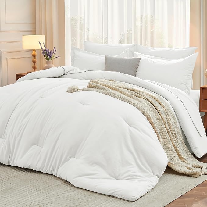 MUXHOMO 7 Pieces King Comforter Set, Soft Bed in a Bag King Size, All Season Bedding Set with Comforter, Flat Sheet, Fitted Sheet, Pillowcases & Shams, White