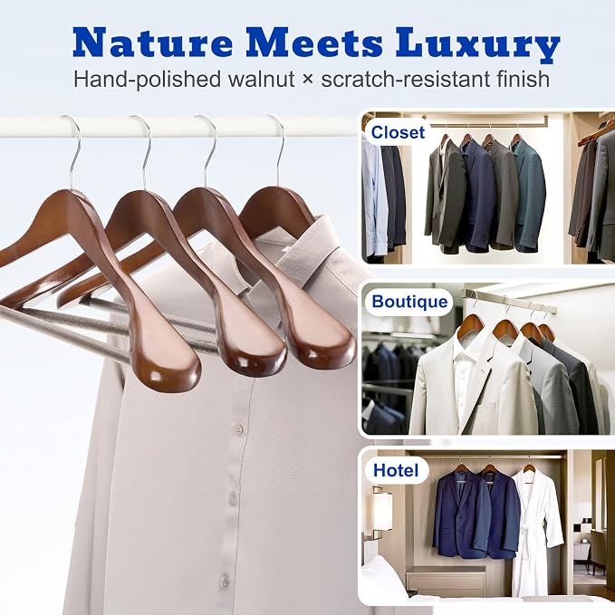 HOUSE DAY Wood Suit Hangers for Men, Smooth Wide Shoulder Wooden Hanger with Non Slip Pant Holder, Wide Hangers for Suits, Coats, Jackets, Heavy Wide Clothes Hanger 2 Pack, Walnut - Image 7