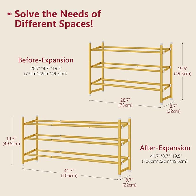 Tajsoon Expandable Shoe Rack for Closet 3 Tier, 28“-41“Adjustable & Stackable Shoe Shelf Storage, Metal Shoe Rack Organizer for Front Door Entrance, Closet, Garage, Entryway, Gold - Image 3