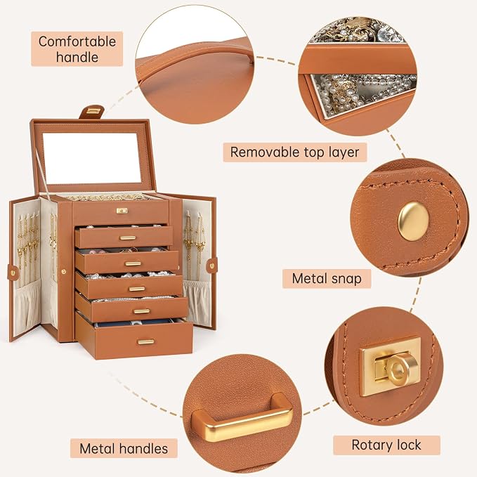 AKOZLIN 6-Tier Jewelry Box Organizer Functional 5 Drawers Leather Jewelry Storage Case for Women Girls Ring Necklace Earring Bracelet Holder Organizer with Mirror Dark Orange - Image 4
