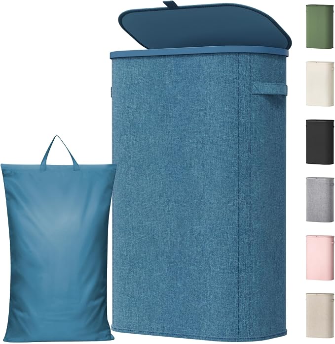 Lifewit Slim Laundry Basket with Lid, Narrow Large Laundry Hamper with Plastic Handles and Removable Bag, Tall Foldable Dirty Clothes Hampers for Laundry Room, Bedroom, Bathroom, Dorm, 65L Dark Blue by Lifewit