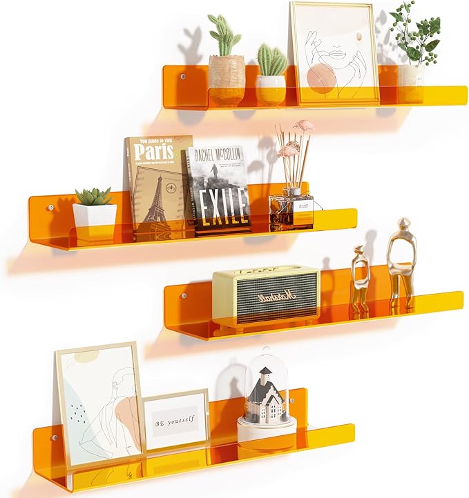 upsimples Acrylic Shelves for Wall Decor, 15" Display Shelf Perfume Organizer for Bathroom, Bedroom, Living Room, Floating Bookshelves for Kids, Clear Orange, 4 Pack by upsimples