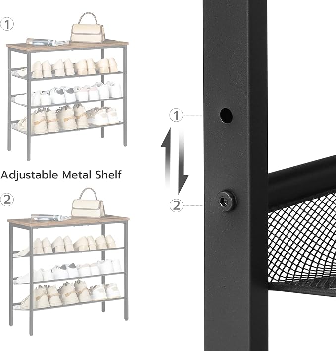 HOOBRO Shoe Rack for Entryway, 4-Tier Shoe Organizer with Adjustable Mesh Shelves, 12-16 Pairs of Shoes, Spacious Floor Mount, Metal, Industrial, Shoe Shelf for Closet, Rustic Brown BF42XJ01 - Image 3