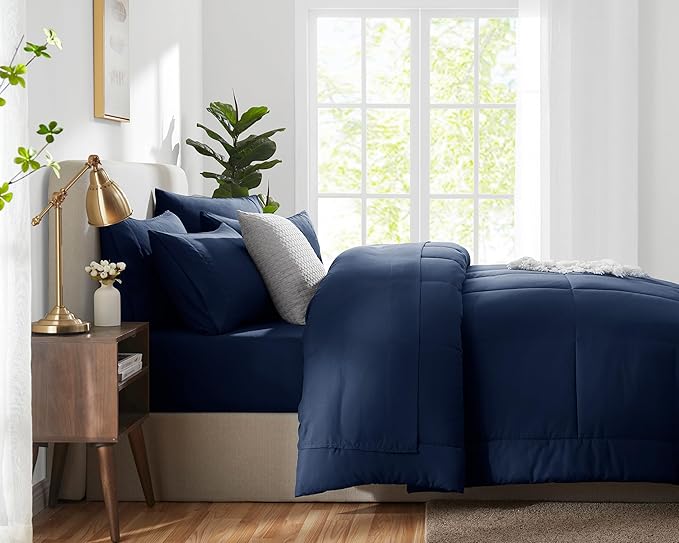 CozyLux Oversized Queen Comforter Sets Navy Blue, 7 Pieces Bed in a Bag, Ultra-Soft All Season Bedding Sets with Stitch Quilted Comforter, Flat Sheet, Fitted Sheet, Pillowcases