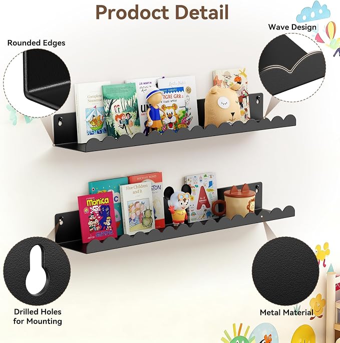 Floating Shelves for Wall, 23 Inch Metal Nursery Book Shelves 4 Pack, Wall Mounted Book Shelf for Kids Room, Bedroom, Bathroom, Playroom Decor (Black) - Image 4