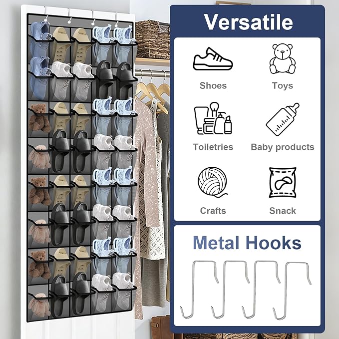 Over the Door Shoe Organizer - 40 Large Breathable Mesh Pockets, Space Saving Hanging Shoe Organizer with Metal Hooks, Hanging Shoe Rack for Men's and Women's Shoes (Grey) - Image 3