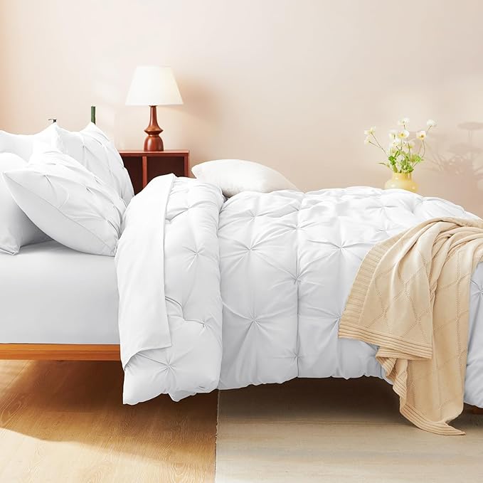 CozyLux Queen Comforter Set White, 7 Pieces Pintuck Bed in A Bag, Premium White Comforter Queen Size, Pinch Pleat Bedding Sets with Comforter, Sheets, Pillowcases & Shams