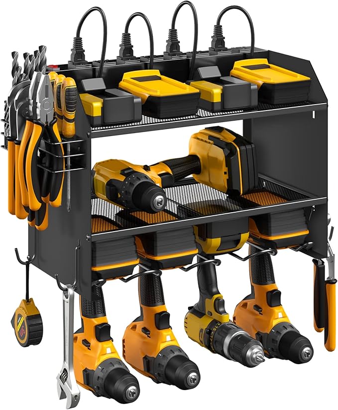 CCCEI Modular Power Tool Organizer Wall Mount with Charging Station. Garage Drill Storage Shelf with Hooks, Heavy Duty Rack, Tool Battery Holder Built in 8 Outlet. Gift for Men. Black, 2 Pack. by CCCEI