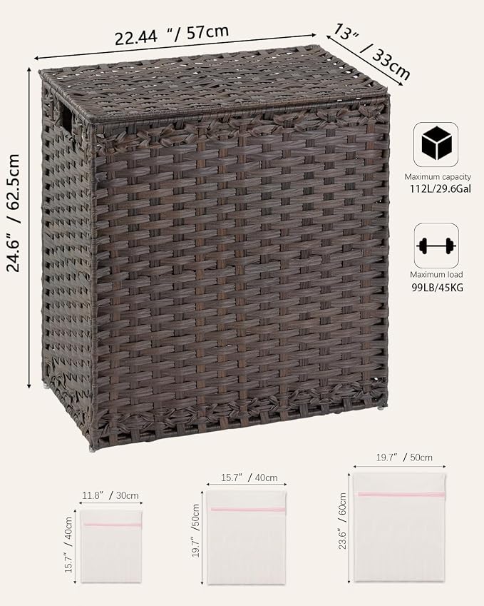 SETVSON Laundry Hamper with Lid Wicker Laundry Basket 112 L (29.6 Gal) Laundry Hampers Handwoven Rattan Laundry Hamper with Handles 3 Removable Washing Bag, 6 Mesh Bags for Bathroom Bedroom Brown - Image 5
