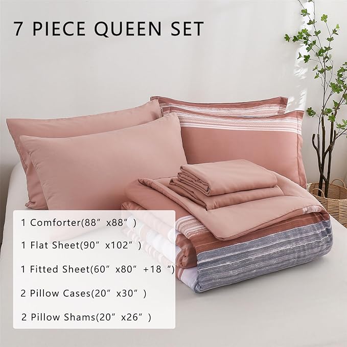 KAKIJUMN 7 Piece Bed in a Bag Stripe Comforter Set Queen Size, White Grey Blush Pink Patchwork Striped Comforter and Sheet Set, All Season Soft Microfiber Complete Bedding Sets(Pink,Queen)