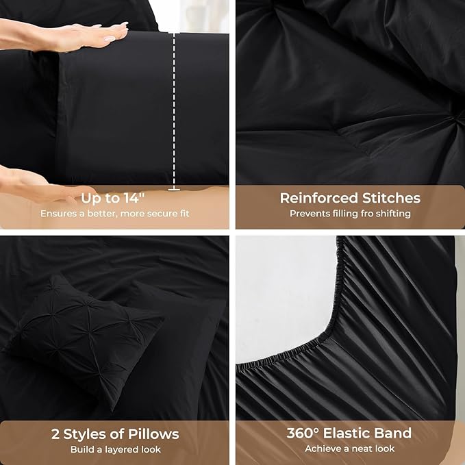 Sasttie Twin XL Comforter Set, 5-Piece Bed in a Bag, Pintuck Bedding Sets for All Season, Includes Comforter, Flat Sheet, Fitted Sheet, Pillowcase and Pillowsham, Black