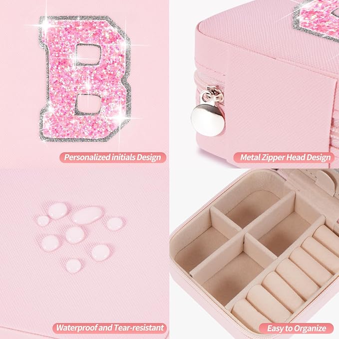 Uygafly Initials Travel Jewelry Case - Bridesmaid Gifts, Wedding Day, Bachelorette Party Decorations | Pink,B - Image 4