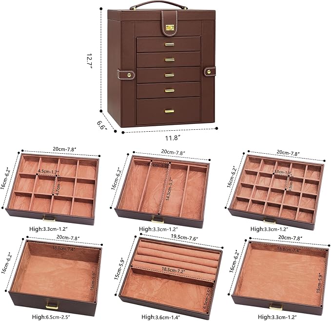 AKOZLIN Extra Large 6-Tier Jewelry Box Organizer with Mirror, 5 Drawers Leather Jewelry Storage Case for Women Girls Ring Necklace Earring Bracelet Brown - Image 3