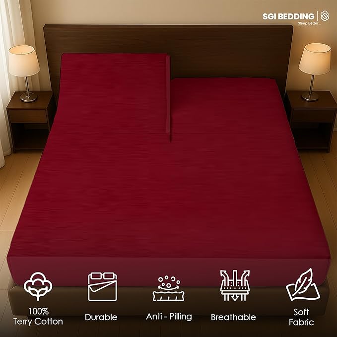 SGI bedding Waterproof Split Top King 78x80 Mattress Protector Pad Cover– 39" Top, 18" Deep Pocket Fitted Style, Soft Noiseless & Breathable Bed Cover for Adjustable Head Beds Burgundy