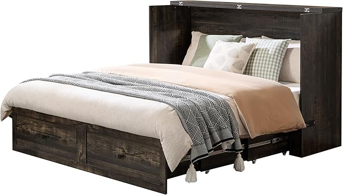 LUXOAK Full Murphy Bed with Storage and Charging Station, Farmhouse Cabinet Bed, Noise-Free, for Guest Room, Apartment, or Office, Black Oak
