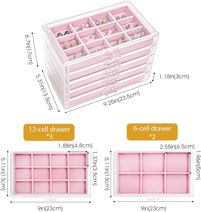 ProCase Earring Holder Organizer Jewelry Box with 5 Drawers, Acrylic Clear Earring Case with Adjustable Velvet Trays for Women - Pink, 5 Layers - Image 4