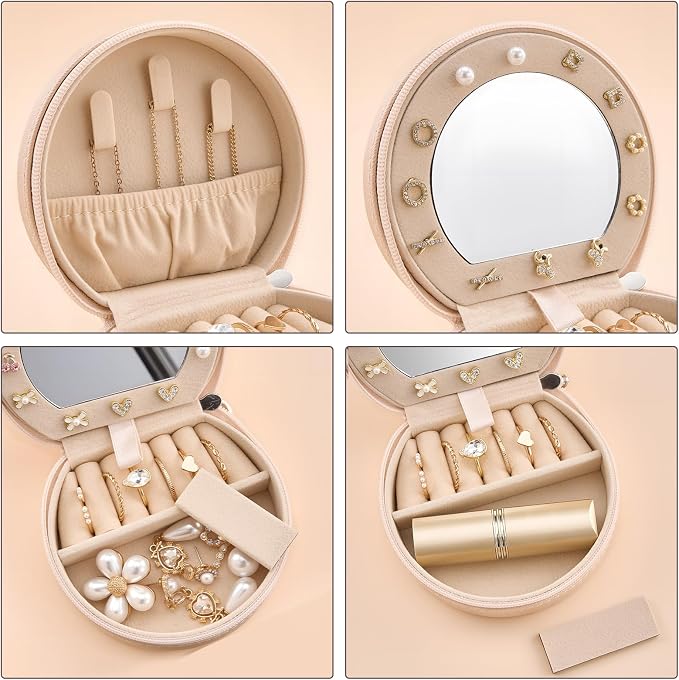 ProCase Travel Size Jewelry Box, Mini Portable Seashell-Shaped Jewelry Case with Mirror, 2 Layer Organizer in PU Leather for Women -Champagne - Image 3