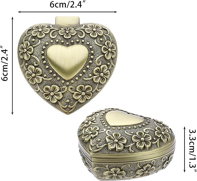 Hipiwe Vintage Heart Shape Jewelry Box - Small Antique Ring/Earrings/Necklace Storage Organizer Case, Metal Treasure Chest Trinket Keepsake Gift Box for Women,Bronze - Image 2