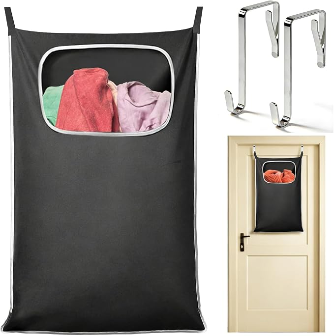 Over the Door Laundry Hamper, Hanging Laundry Hamper Bag with Wide Opening and Full-Length Zipper, Easy Storage & Access, Space Saving for Bathroom, Bedroom, Dorm, Travel (Black) by Unknown