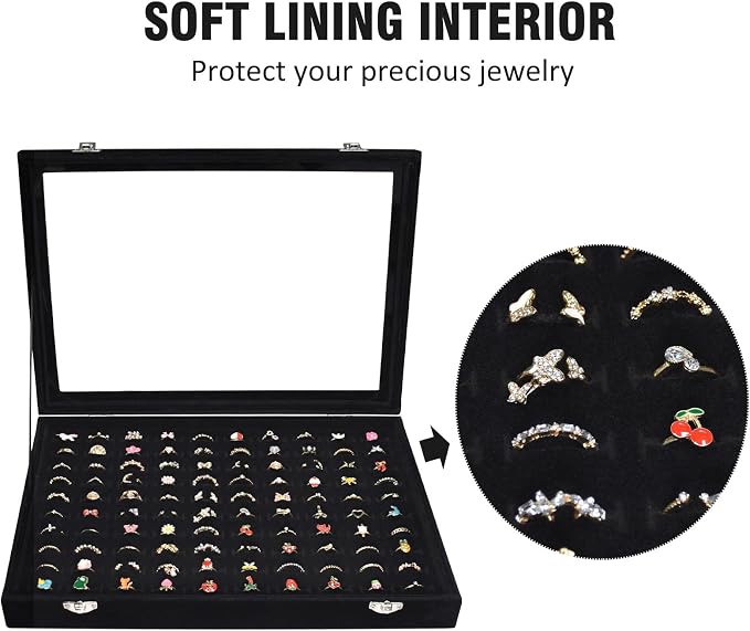 Vicoter Rings Organizer Tray 100 Slot Velvet Ring Earring Storage Box TranSparent Cover Jewelry Store Ring Display Box Jewelry Display Cabinet for Girl Wife Mother - Image 3