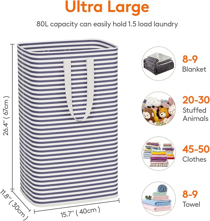 Lifewit 2 Pack Laundry Hamper Large Collapsible Laundry Baskets, Freestanding Waterproof Clothes Hamper with Easy Carry Handles in Laundry Room Bedroom Bathroom College Dorm for Adults, Navy, 2 x 80L - Image 3