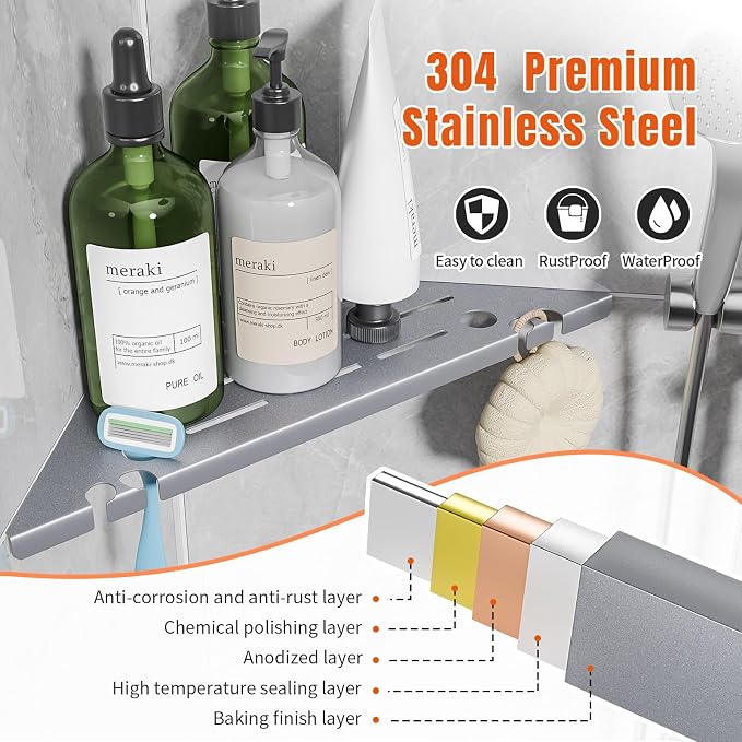 Shower Corner Shelf Organizer Rack with Hooks & Razor Hole, No Drilling Tile Shower Shelves, Rustproof Stainless Steel Bathroom Shelves Basket, Modern Corner Shelf for Bathroom, 2Pack-Silver - Image 5