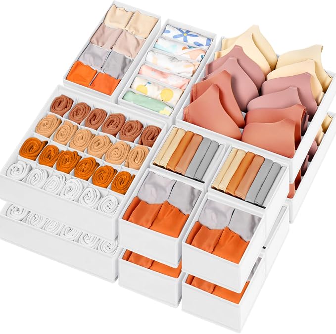Criusia Drawer Organizer Clothes, 16 Pack Dresser Organizer Bins for Baby Clothes, Underwear Sock, Fabric Closet Organization and Storage Dividers for Nursery Bedroom (96 Compartments, White) by Criusia