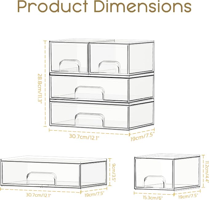 Criusia Stackable Storage Drawers, 4 Pack Clear Plastic Makeup & Bathroom Organizer, Versatile Storage Bins for Vanity, Under Sink, Kitchen Cabinets & Pantry - Image 2